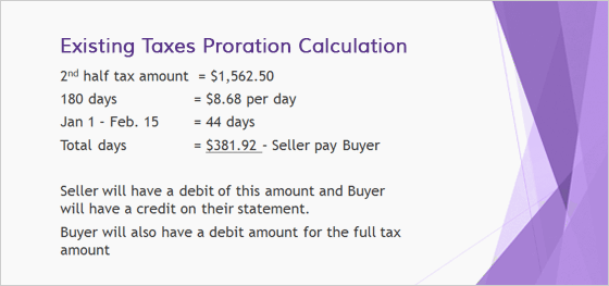 Existing Taxes Proration Calculation